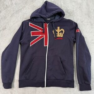 NAS London Union Jack Crown Zip Up Hoodie Navy Blue Size S